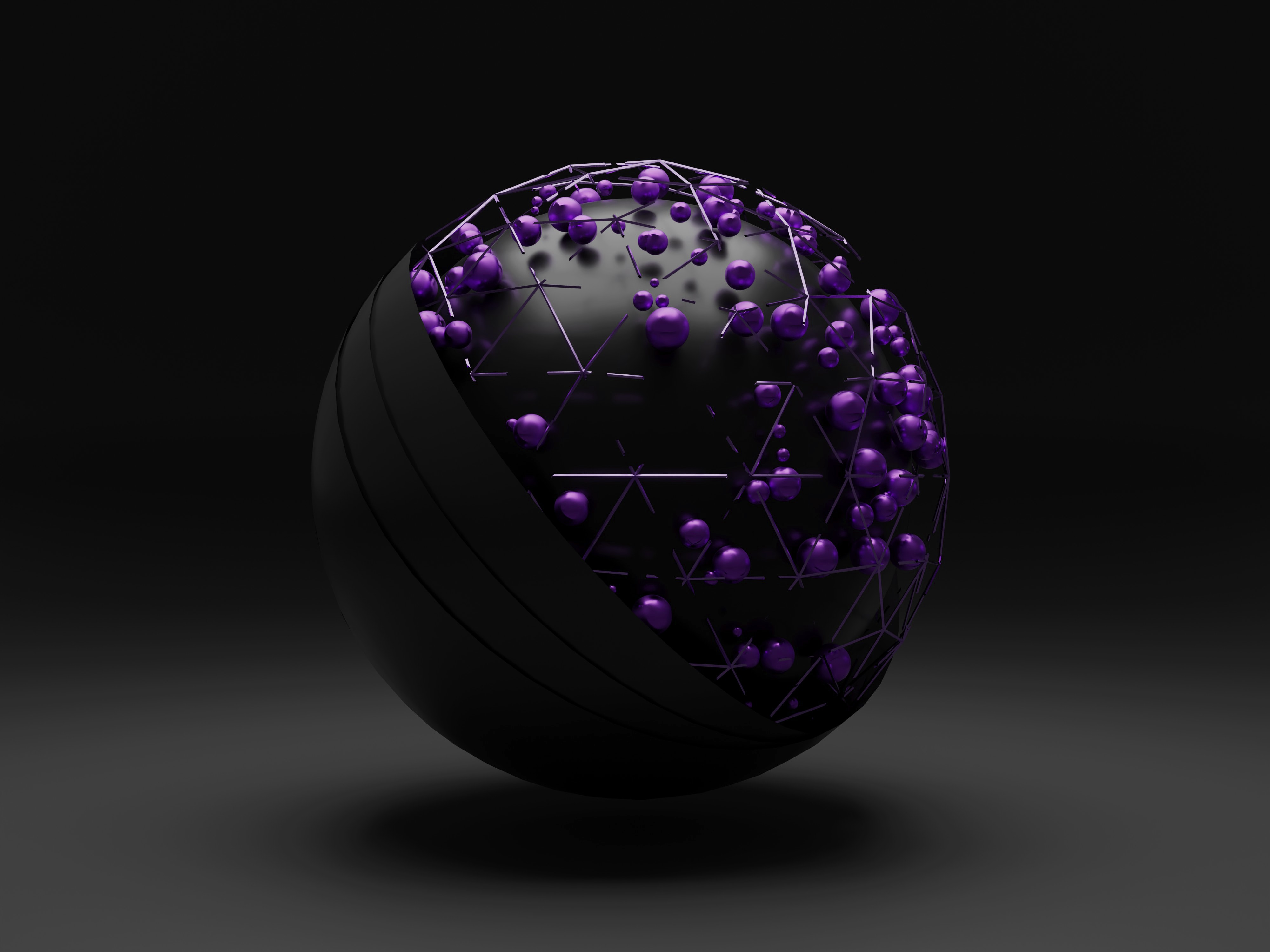 3d illustration of a sphere with lots of small purple-colored balls hovering over it.